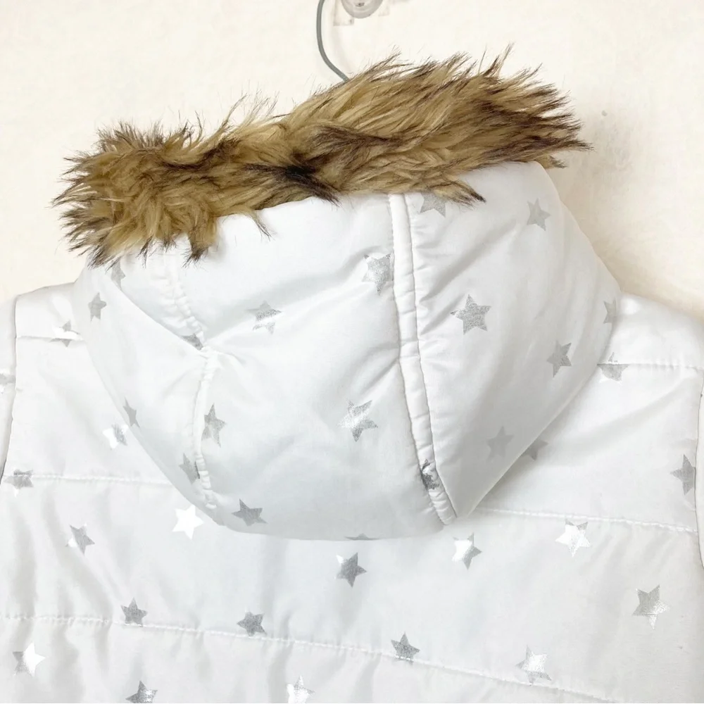 Gymboree White Star-Patterned Kids Jacket with Faux Fur Hood Girl Size 10
